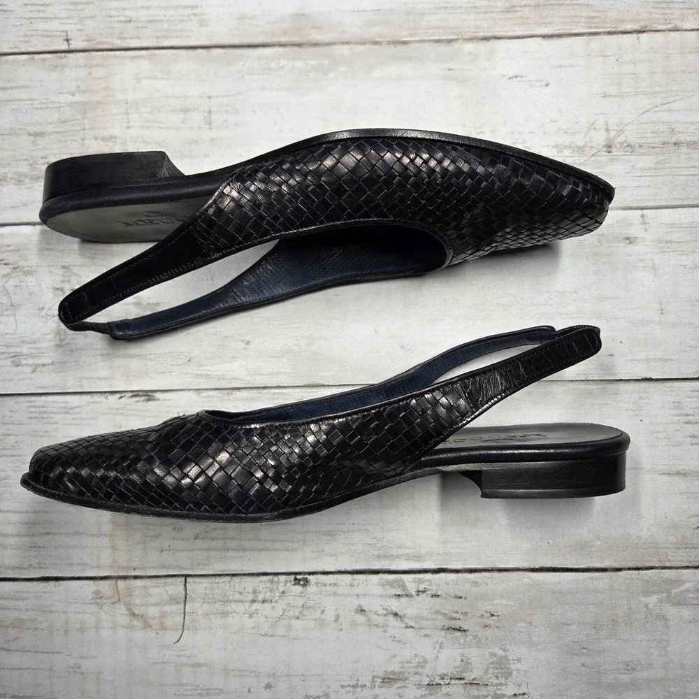 Sesto Meucci Woven Leather Slingback Flats Square Toe Womens 7.5 M Black Italy